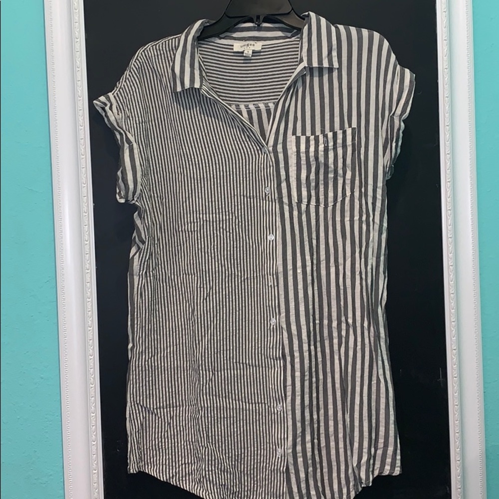 Gray and white striped dress.